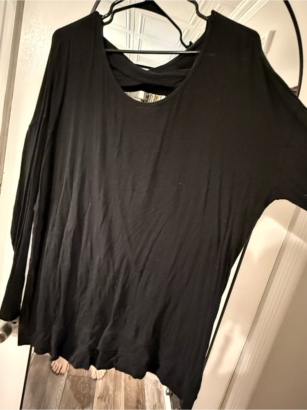 Women's Black Long Sleeve Scoop Neck Top with Back Criss Cross Detail